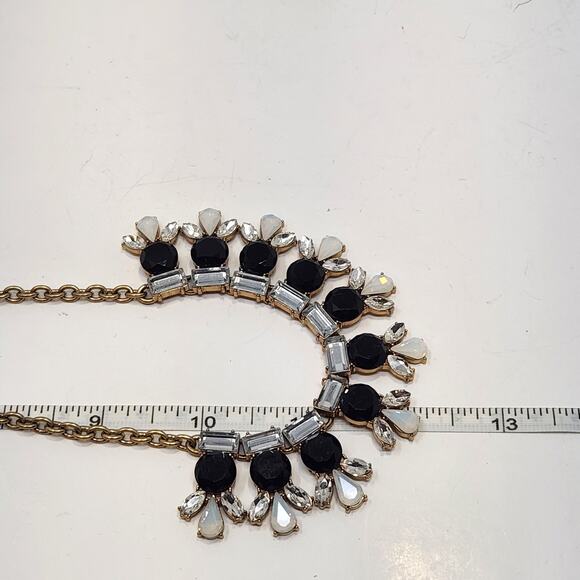 J Crew Black Opaque Rhinestone Statement Necklace Gold Tone Chain Adjustable - Picture 5 of 6